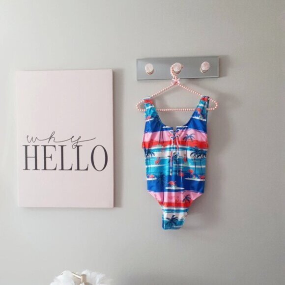 NWT PHAX tropical flamingo oceanscape print lace-up front one piece swimsuit L - Picture 4 of 5